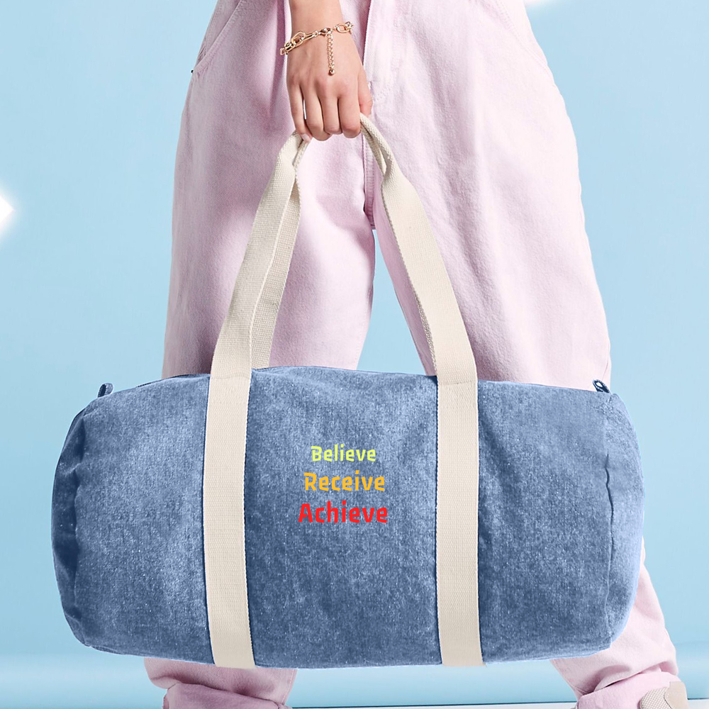 Believe, Recieve, Achieve affimirmation - Denim Barrel Bag